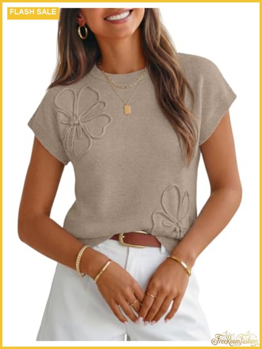 MEROKEETY Women's Floral Short Sleeve Sweater Vest Crew Neck Knit Top